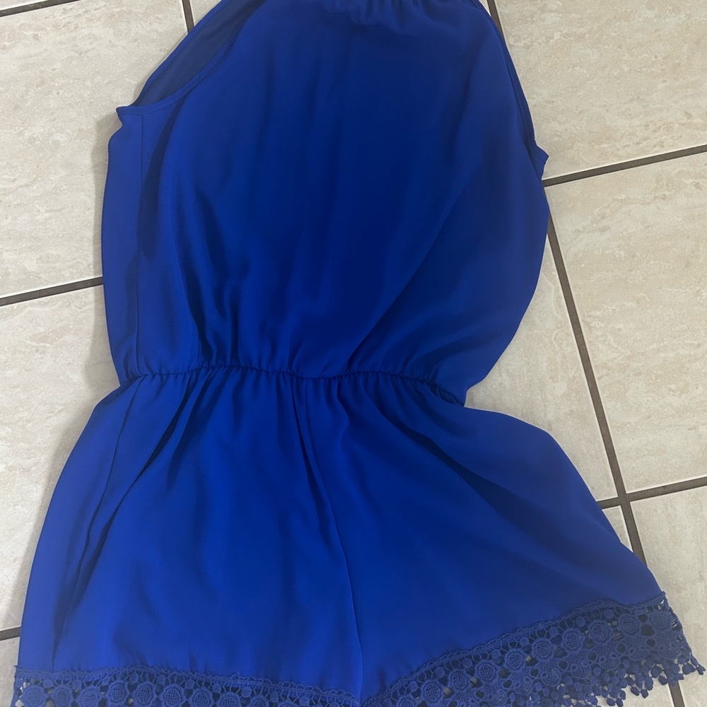 Stylish 1 Pc Royal Blue Sleeveless Halter Top Romper w/ Elegant Lace Trim, Lg